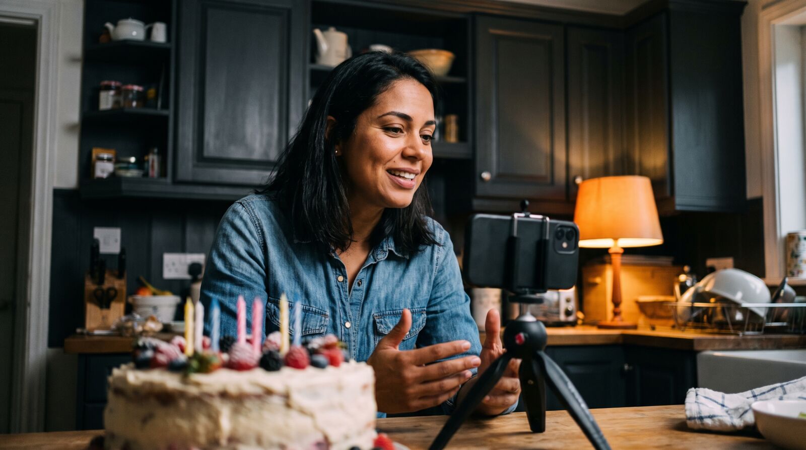 Confeiteira gravando um bolo