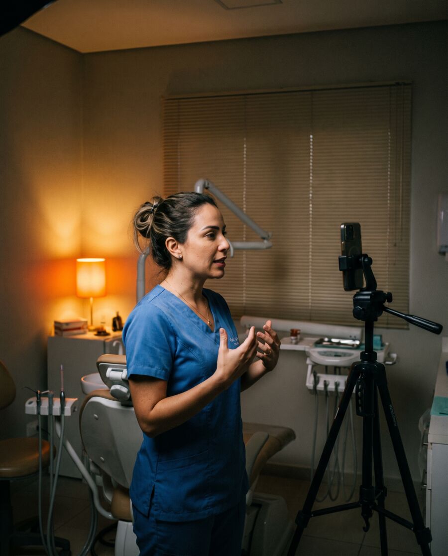 Dentista gravando uma explicação