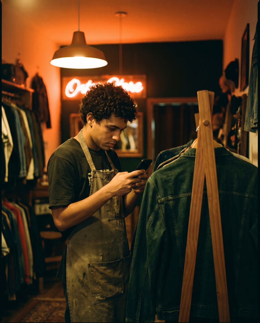 Dono de loja gravando uma jaqueta