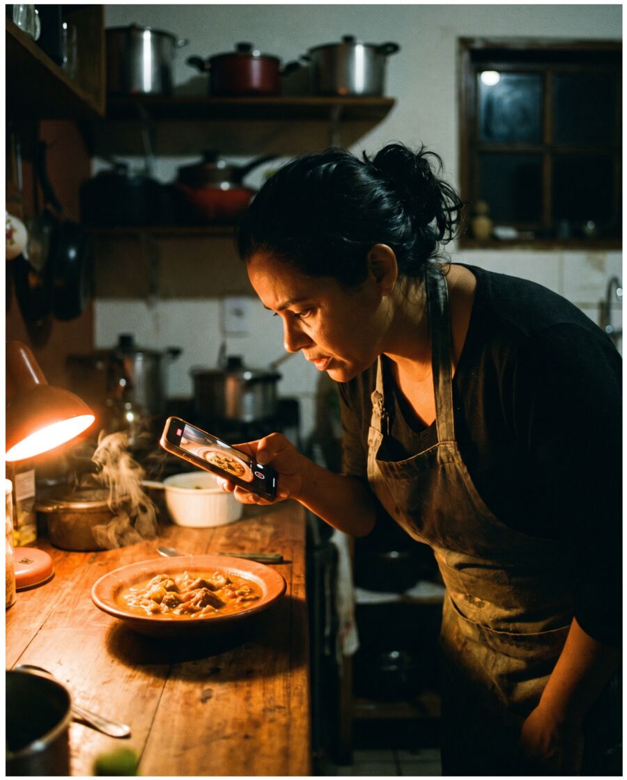 Dona de restaurante gravando um prato